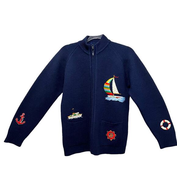 LeRoy Nautical Cardigan Women's Vintage Large Size Medium Boats Anchors Preppy - Picture 1 of 13